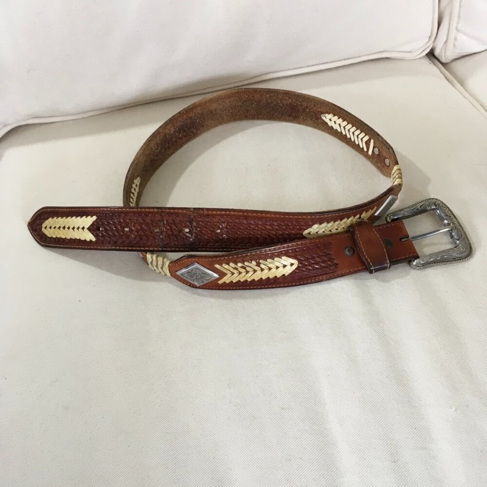 Brown Leather Western Style Belt w/Silver Details Unisex